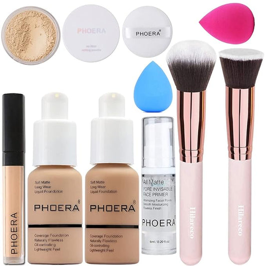 PHOERA Makeup Set - Full Coverage Foundation, Primer, Powder, Concealer & Kabuki Brushes (2 Sponge #105 Sand)
