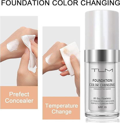 TLM Color Changing Liquid Foundation, Flawless Color Changing Warm Skin Tone Foundation for Mature Skin, BB Cream Makeup Base Concealer Cover Moisturizing Fluid for all Skin Tone SPF15 (30ML)