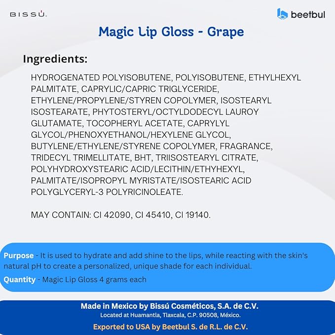 Bissú Magic Lip Gloss, 6 Fruity Scents, Moisturizing pH Reactive Gloss, with drop-shaped applicator and large size (05 Grape, 4 Grams)