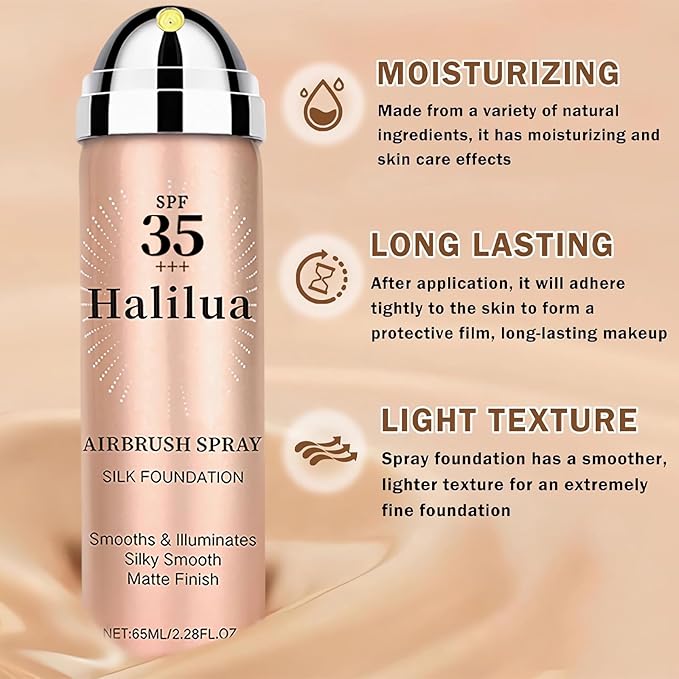 Sunscreen Airbrush Foundation Makeup Spray with Brush, SPF 35, Full Coverage Airbrush Foundation for Smooth Radiant Finish, Silky Concealer Mist Spray Makeup, Long-lasting & Waterproof (Nude)