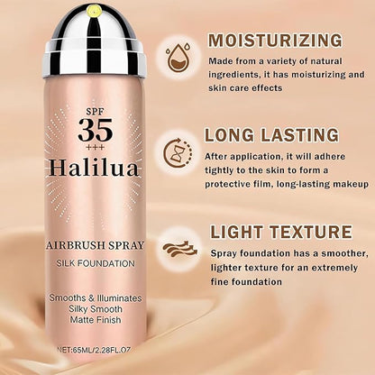 Sunscreen Airbrush Foundation Makeup Spray with Brush, SPF 35, Full Coverage Airbrush Foundation for Smooth Radiant Finish, Silky Concealer Mist Spray Makeup, Long-lasting & Waterproof (Natural)