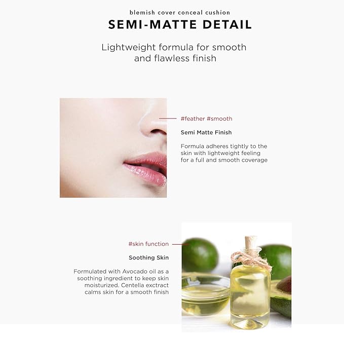 Hanskin Blemish Cover Conceal Cushion, Full Coverage Semi Matte Cushion Foundation Case SPF 50 +, Lightweight Flawless Corrects Redness [No. 21 Cream/Semi Matte / 0.38 oz x 2 Refills]