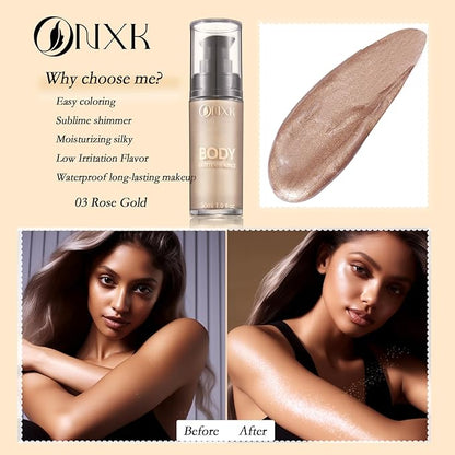 Body Glitter Oil Liquid Luminizer - Glow Hightlighter Shimmer Oil Illuminator Waterproof Long Lasting Moisturizing for Body & Face Bronzer Smooth Lotion with Makeup Brush by ONXK(#03 Rose Gold)