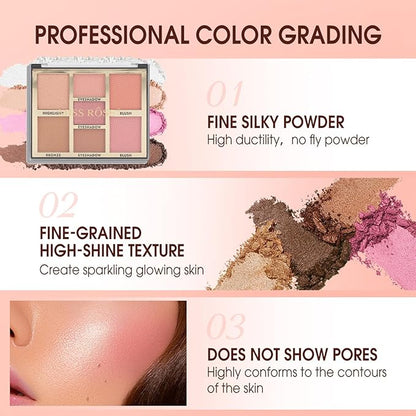 Full Face Makeup Palette, 4 in 1 Small Nude Nake Makeup Palet with Highlight, Bronze, 3 Colors Eyeshdow, 2 Color Blush, Double Side Brush, Fine Silky Powder