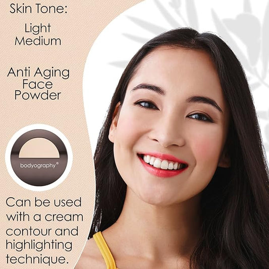 Bodyography Anti Aging Face Powder (Light Medium): Matte Oil-Free Salon Foundation Powder Makeup w/ Vitamin E, C & Antioxidants | Gluten-Free, Cruelty-Free, Paraben-Free