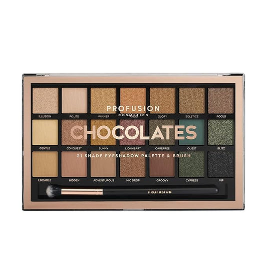 Profusion Cosmetics 21 Shade Eyeshadow Palette Collection & Brush, Chocolates