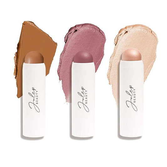 Julep Skip The Brush 2-in-1 Blush and Lip Makeup Stick Contour, Blush, & Highlighter Trio- Sheer Glow (Highlighter), Muted Mauve (Blush), Melted Cocoa (Medium Skin Tones) - 3pc Set