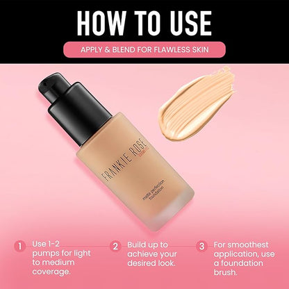 Frankie Rose Cosmetics Matte Perfection Foundation Makeup – Long-Lasting, Hydrating Foundation for Semi-Matte Finish - Foundation Full Coverage for All Skin Types - (Vintage) 1.0 US fl oz / 30 ml