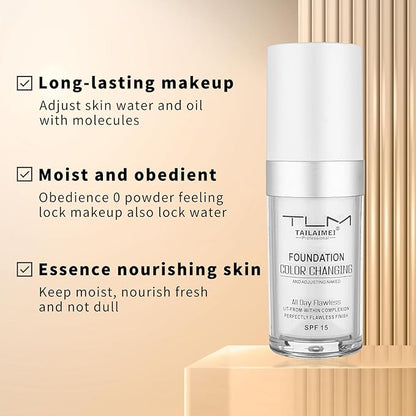 Color Changing Foundation for Color Correction, Even Skin Tone and Coverage of Imperfections for a Natural Facial Look, includes SPF15, Full Coverage Foundation 1.0floz