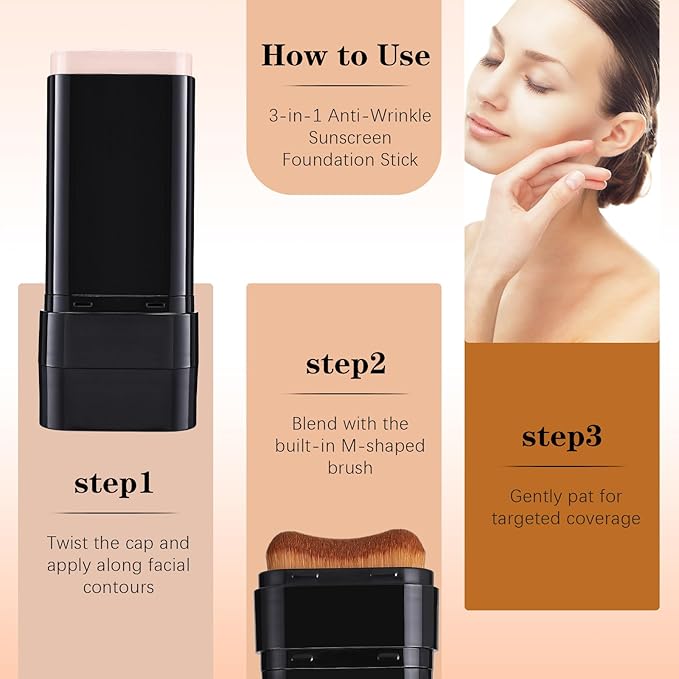 3 In 1-Luxury Anti-Wrinkle Foundation Stick SPF 50+ with Brush, 2 PCS Hydrating Non-Sticky Matte Foundation Stick, Travel Size Defense Face and Body Sunscreen Lotion, Medium Color, 1.42 Fl Oz
