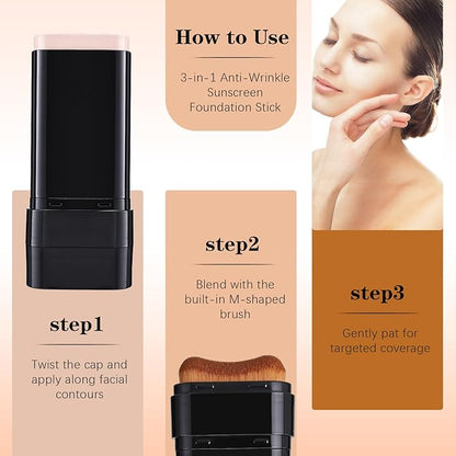 3 In 1-Luxury Anti-Wrinkle Foundation Stick SPF 50+ with Brush, 2 PCS Hydrating Non-Sticky Matte Foundation Stick, Travel Size Defense Face and Body Sunscreen Lotion, Medium Color, 1.42 Fl Oz