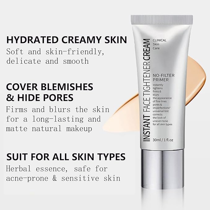 Face Tightener No-Filter Primer, Instant Face Tightener Primer, Skin Tightener Primer Face Makeup, Face Blurring Primer for Face Evens Skin Tone, Create Natural Look for All Skin Types