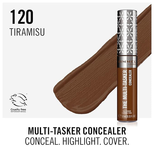 Rimmel London, Multi-Tasker Concealer, 120 Tiramisu, Crease-Proof, Transfer-Proof, Waterproof, Up To 24-Hour Wear, Vegan Formula, 0.33oz