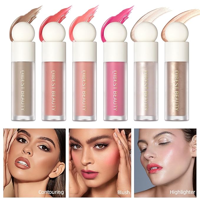 MEICOLY Soft Pinch Liquid Blush & Dewy Cheek Tint, Matte Finish Liquid Contour, Highlight Bronzer Stick Set - Pearl White Highlighter + Rose Pink Blush + Contour