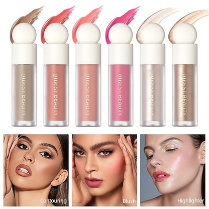 MEICOLY Soft Pinch Liquid Blush & Dewy Cheek Tint, Matte Finish Liquid Contour, Highlight Bronzer Stick Set - Pearl White Highlighter + Rose Pink Blush + Contour