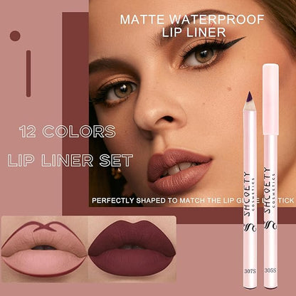 12 Colors Matte Lip Liner Pencil Set, 12Pcs Creamy Nude Lip Liner, Smooth Long Lasting Waterproof High Pigmented Lip Makeup Pencil