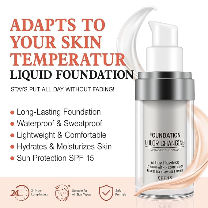 Concealer Cover Cream, Flawless Colour Changing Foundation Makeup, Warm Skin Tone Foundation liquid Base Nude Face Moisturizing Liquid Cover Concealer for Women and Girls