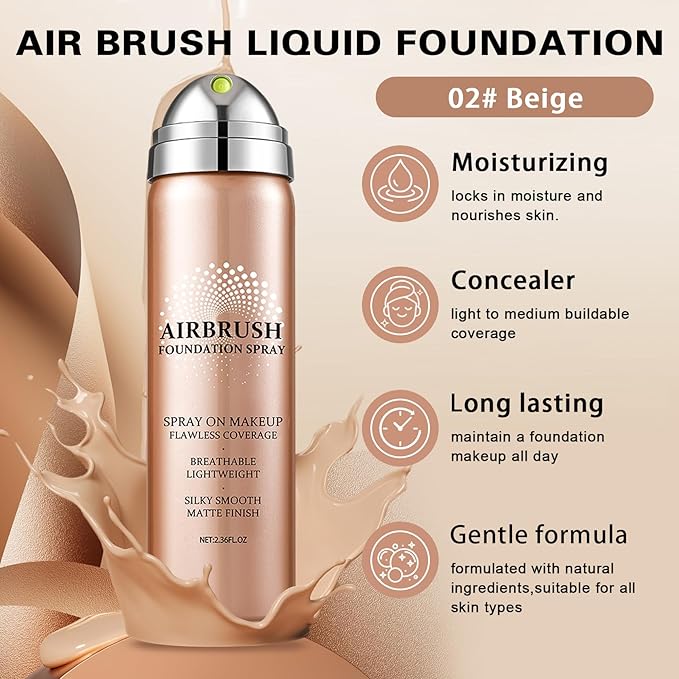 Airbrush Foundation with Primer,Silk Flawless Airbrush Makeup,Buildable Coverage with Anti-aging Formula,Moisturizing Foundation Makeup (02 Beige)