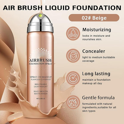 Airbrush Foundation with Primer,Silk Flawless Airbrush Makeup,Buildable Coverage with Anti-aging Formula,Moisturizing Foundation Makeup (02 Beige)