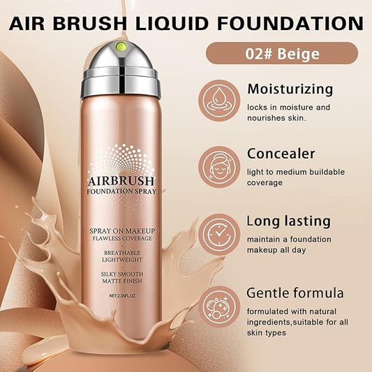 Airbrush Foundation with Primer,Silk Flawless Airbrush Makeup,Buildable Coverage with Anti-aging Formula,Moisturizing Foundation Makeup (02 Beige)