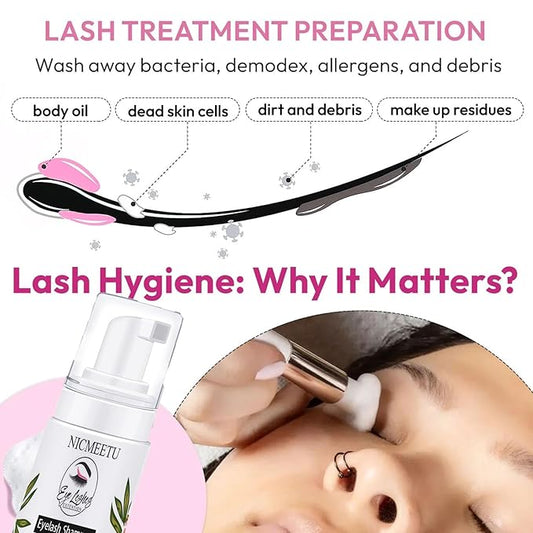 100ML Lash Shampoo for Lash Extensions.Gentle Eyelash Cleanser 1 Pcs USB Lash Fan 50 Pcs Eyelash Brushes 100 Pcs Micro Brush 2 Pcs Lash Shampoo Brush 2 Pcs compressed Sponge and Rinse Bottle