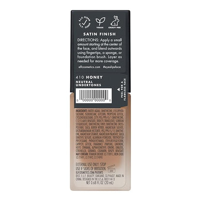 e.l.f. Flawless Satin Foundation, Lightweight & Medium Coverage, Semi-Matte Finish, Vegan & Cruelty-Free, Honey, 0.68 Fl Oz (20mL) (Pack of 2)