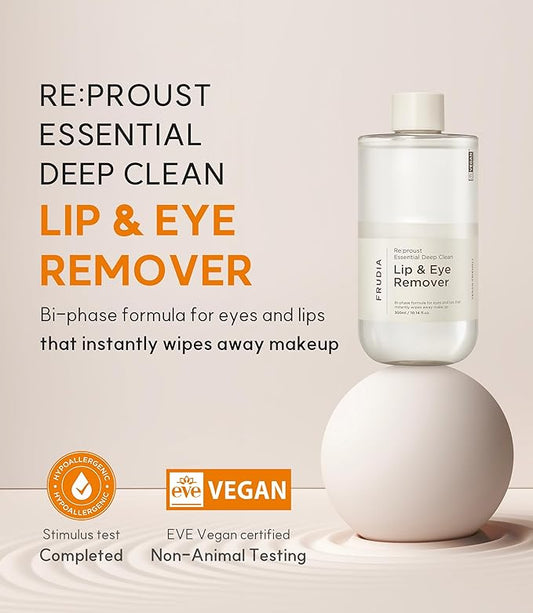 FRUDIA WELCOS Re:proust Essential Deep Clean Lip & Eye Remover | Bi Phase Vegan Lip & Eye Makeup Remover | Mascara Lipstick Remover | Korean Makeup Remover | Organic Gentle Makeup Remover 10.14 fl oz