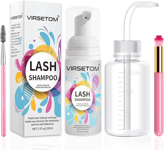 Lash Shampoo for Lash Extensions, Eyelash Extension Cleanser 60ml + Rinse Bottle + Brushes, Lash Bath, Lash Shampoo Kit, Lash Cleaner, Paraben & Sulfate Free, Salon and Home Use