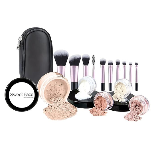 16pc STARTER KIT with 10 BRUSHES SET (LIGHT) Mineral Makeup Bare Face Loose Powder Includes Matte Foundation, Veil Primer, Blush, Bronzer, Translucent Finishing Setting Powder SPF 30 Travel Size
