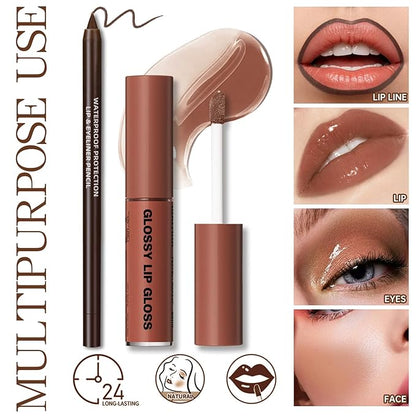 Nourishing Lip Gloss with Brown Lip Liner Lip Combo Set, Moisturizing High Shine Nude Lip Glow Oil Fresh Lightweight Glossy Plumping Lip Gloss for Women Long Wear Mini Liquid Lipstick Makeup#8