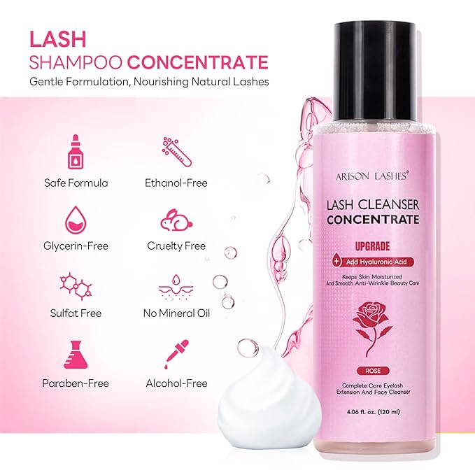 ARISON LASHES Upgraded Lash Shampoo Concentrate 120ml Large Capacity Eyelash Cleanser Professional Lash Extensions Shampoo-Make 24 Bottles 60ml (Rose)