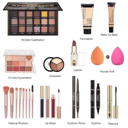 All in One Makeup Kit for Teen Girls - Gift Set with Eyeshadow, Lipsticks, Eyebrow Pencil & Cosmetic Brush