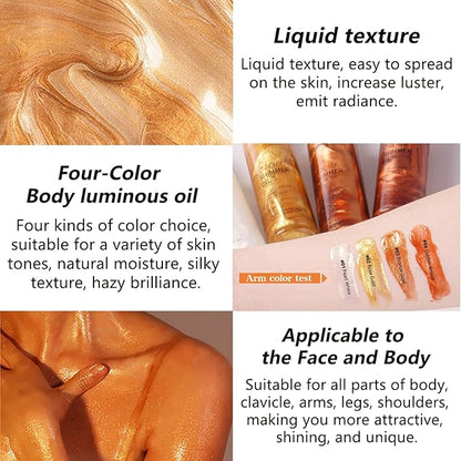 Body Shimmer Oil Gold 4 Color Face Brighten Luminizer Glow for Face & Body, Summer Glow Pearl Highlighter Liquid Illuminator Makeup With Brush (#2, 2.8 Fl Oz)