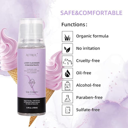 Eyelash Shampoo Concentrate 100ml Lash Extensions Cleanser Concentrate Ice-cream Foaming Shampoo Paraben & Sulfate Free Wash for Extensions Lashes with Salon Home Care-Makes 60ml Bottles