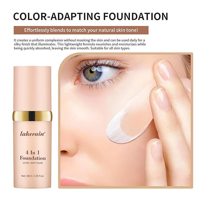 Match Foundation 4-in-1 with SPF 30 : Ultra-light Color Adapting Foundation with 2 Cosmetics Sponge - Moisturizing & Concealer Face Makeup Foundation