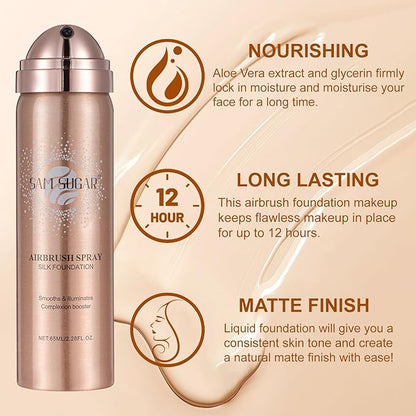 AirBrush Foundation Spray, Liquid Foundation Makeup Set, Full-Coverage Foundation Mist for Color Correcting,Concealer,Flawless Look,Matte Finish,Include Brush and Sponge,2.28oz(#1 Ivory White)