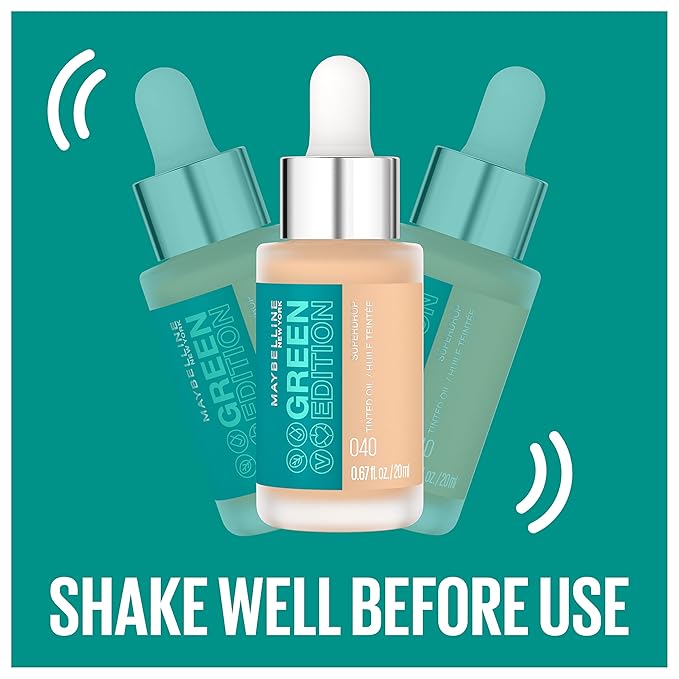 Maybelline Green Edition Superdrop Tinted Oil Base Makeup, Adjustable Natural Coverage Foundation Formulated With Jojoba & Marula Oil, 10, 1 Count