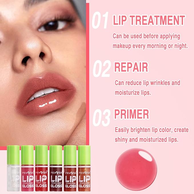 6 Colors Hydrating Lip Oil, Big Brush Head Lip Glaze, Shiny Transparent Lip Gloss Plumping, Long Lasting, Nourishing & Non-sticky Smooth Lip Care Oil for Women