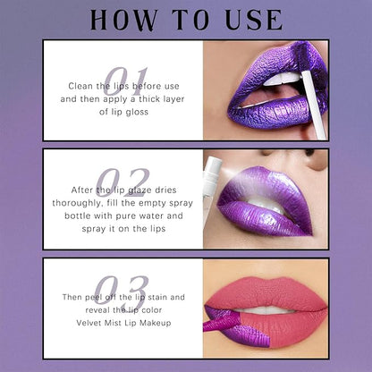 4 Color Peel Off Lip Stain, Tattoo Magic Color Lip Tint, Pink Red Nude Matte Natural Finish Lip Gloss Tear off, Waterproof Long Lasting Nonstick Lipstick Makeup Set with 5ML Empty Spray Bottle