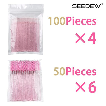 (400+300 Pieces) Pink Crystal Handle - 400 Cotton Swabs + 300 Brushes for Lash Extensions, Makeup (Simple Packaging)-(Crystal Pink)