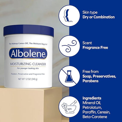 Albolene Face Moisturizer & Makeup Remover – Fragrance-Free Cleansing Balm with Beta-Carotene – Hydrating Facial Cleanser for Soft, Supple Skin, Gently Removes Makeup & Dirt, (12 oz)