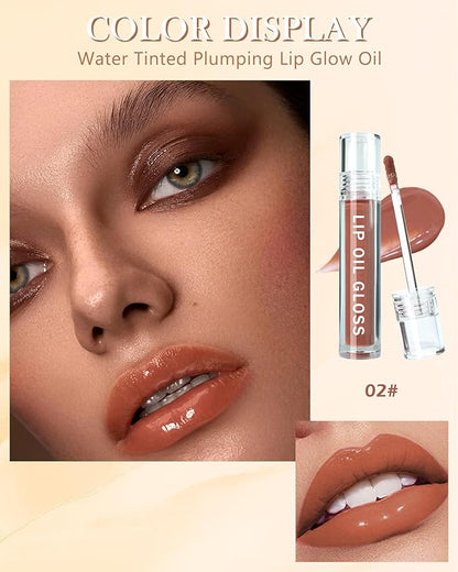 Hydrating Lip Tint Stain-1Pcs Tinted Plumping Lip Glow Oil, Moisturizing Water Lip Stain Makeup, Pigmented Non-Sticky Vegan Lip Gloss, Multi-Use Lip & Cheek Tint, Nude Glossy Finish, Cruelty Free-02#