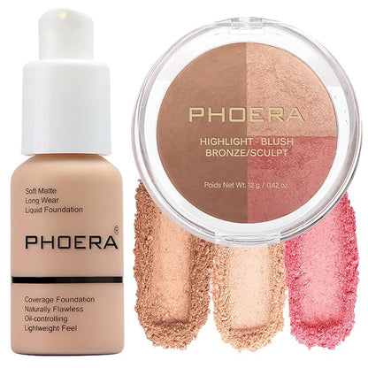 PHOERA Foundation, PHOERA Contour Palette,Shades with Highlighter & Bronzer & Blush,PHOERA Makeup Lightweight Long Lasting Wrinkles Matte Natural Finish (103+ #002 Contour/Warm peach+#002)