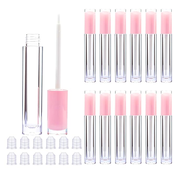 Lip Gloss Brush Wand Tubes Empty, 12 Pack 5ml Containers with Wand, 12 Light Pink Tubes with Rubber Stoppers for DIY Balm (Light Pink)