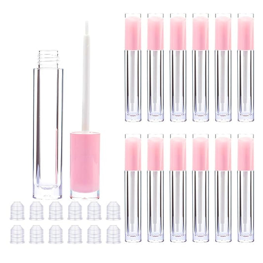 Lip Gloss Brush Wand Tubes Empty, 12 Pack 5ml Containers with Wand, 12 Light Pink Tubes with Rubber Stoppers for DIY Balm (Light Pink)