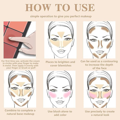 12 Colors Cream Blush Palette, Color Correcting Concealer Foundation Palette, Long Wearing Smudge Proof Blendable Matte Finish Blush Powder Highlighter and Cream Contour Palette Makeup (01)