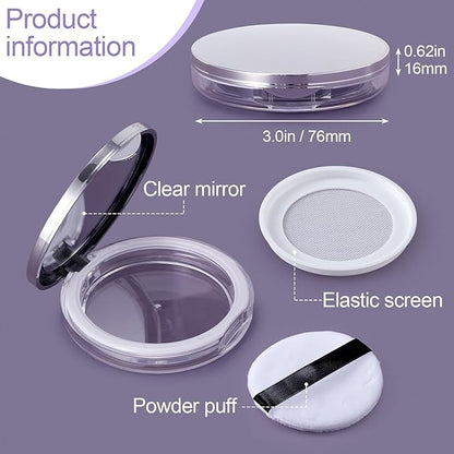 OIIKI 4 Packs Loose Powder Compact Containers, 5g Refillable Container with Powder Puff, Mirror, Net, Spoon, DIY Makeup Powder Cases Portable Powder Compact Boxes for Daily Use or Travel - Silver