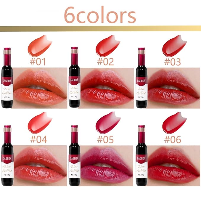 DAGEDA 6Pcs Wine Lip Tint, Lip Tint Stain Waterproof Wine Lip Stain Set, Liquid Lip Gloss, Non-stick Cup Lip Makeup Kit for Girls Women (D Set)