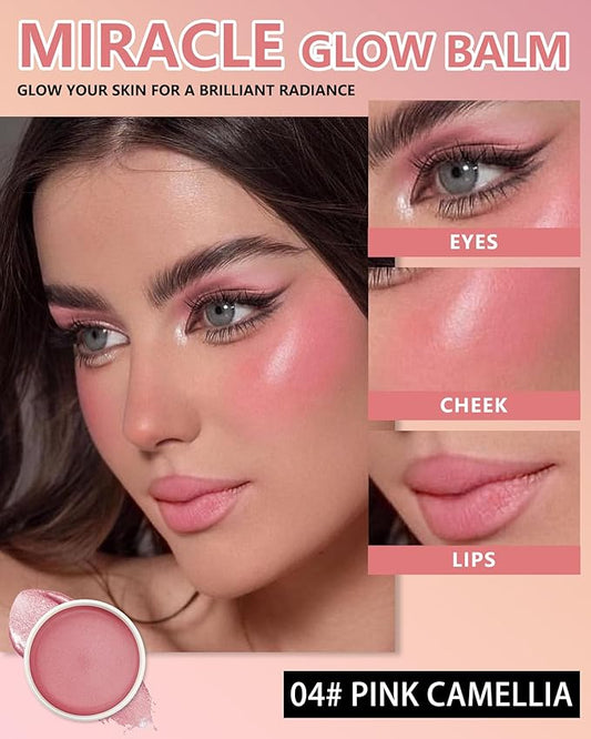 Miracle Glow Balm - Hydrating Tinted Cream Blush, Multi-Use Glow Face Balm Makeup for Cheek & Eye & Lip Tint, Creamy Lightweight Blendable Shimmer Blusher, Radiant Skin Finish, 04# Pink Camellia