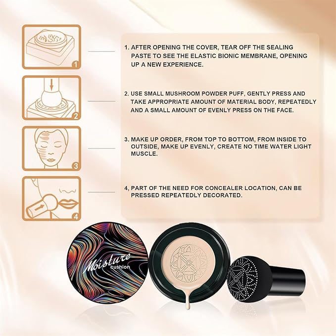Mushroom Head Air Cushion CC Cream, Long Lasting Matte Concealer, Bright Makeup Base, Moisturizing BB Cream Liquid Foundation, Collagen Cushion Foundation (Buff Beige, 3.21 Ounce (Pack of 1))